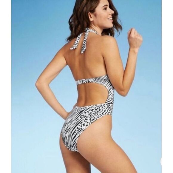 NWT Womens Xhiliration Zebra Animal Print Cutout Swimsuit Bathing Suit - Sz L - Picture 2 of 4